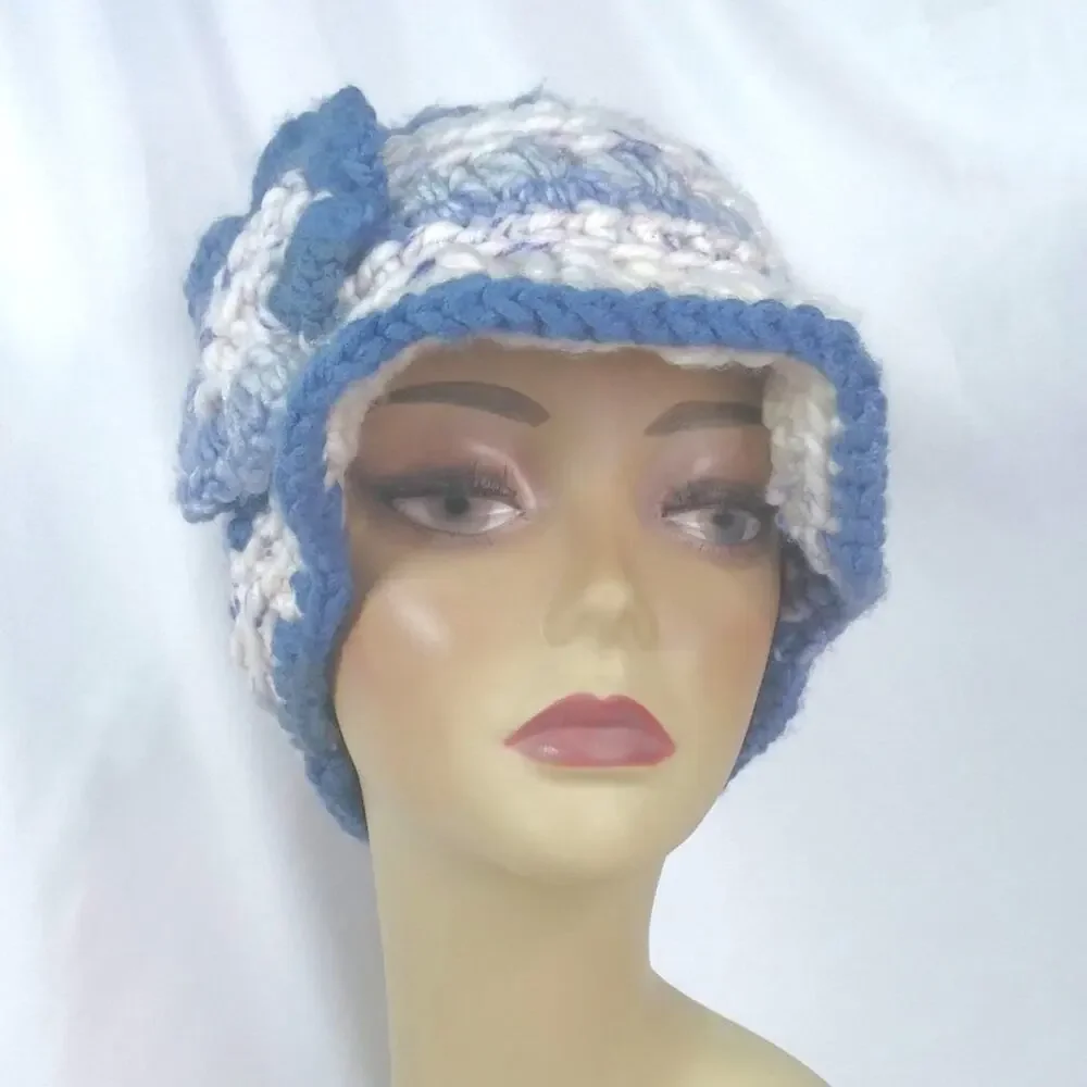 Crochet Newsboy Beanie Brim Handmade Hat Warm Blue Cream Colors Flower Cozy New